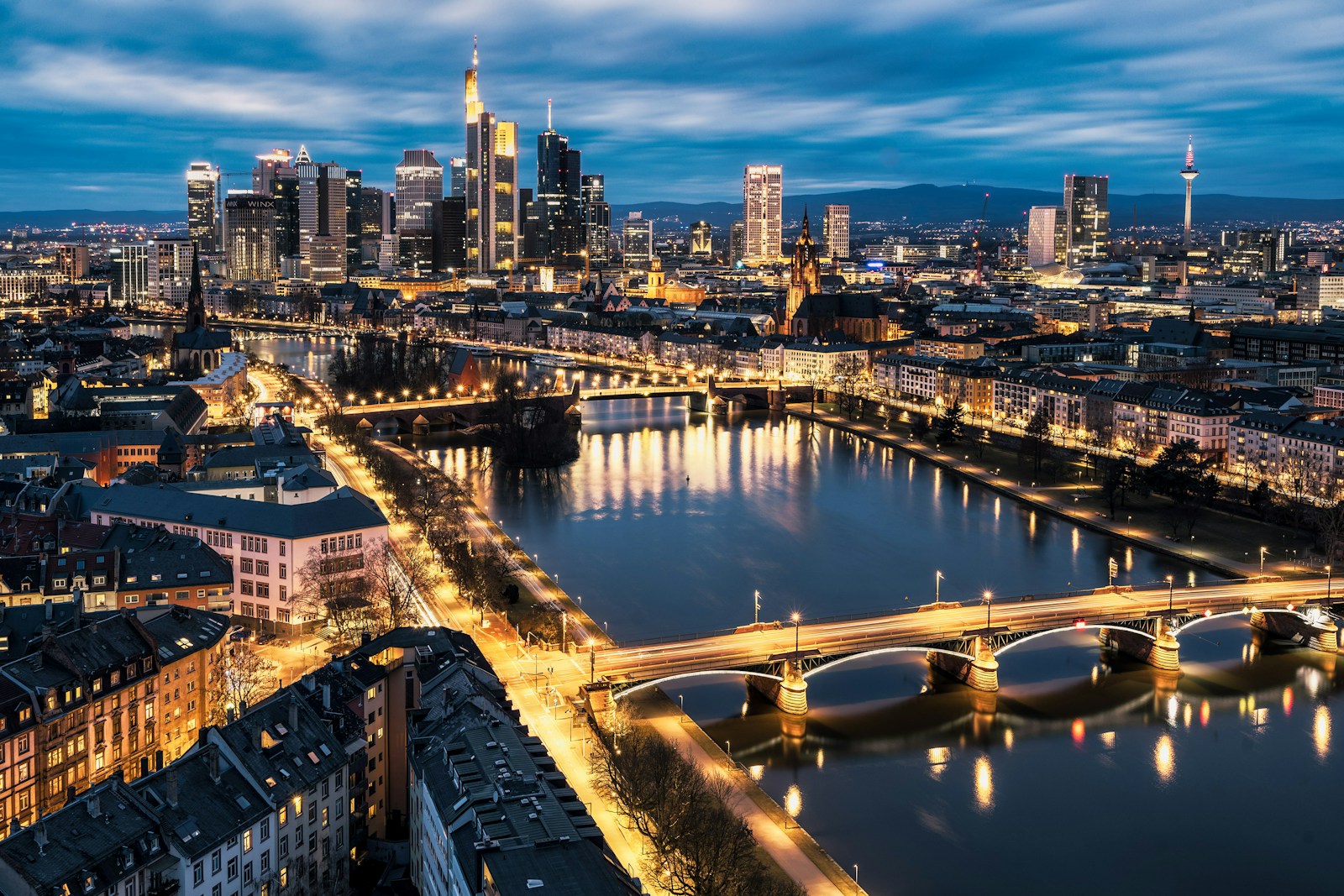 Frankfurt aerial view of city buildings during night time